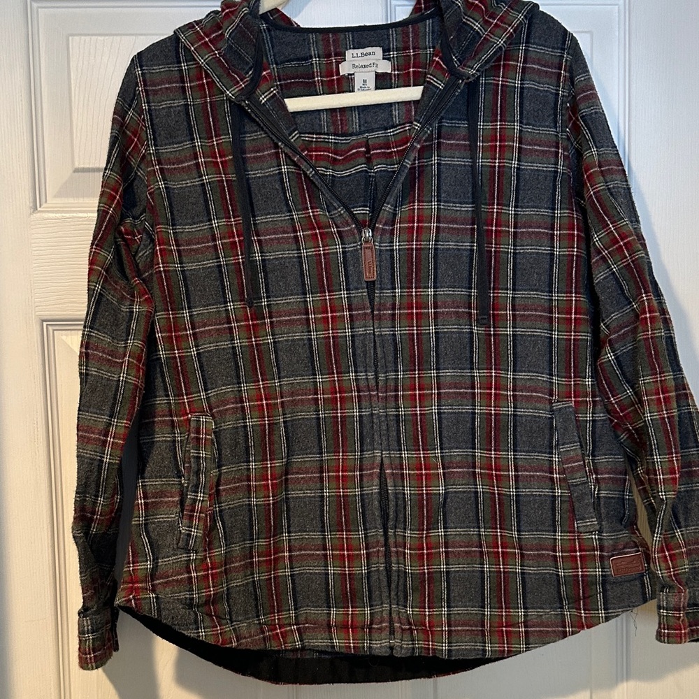 L.L. Bean Red and Blue Plaid Hooded Flannel Jacket